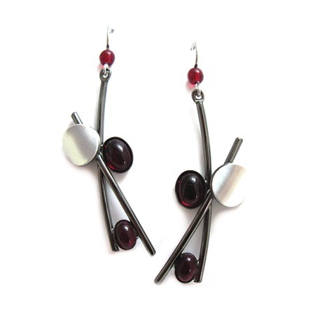 Black Rhodium & Red Stick Dangle Earrings - Click Image to Close